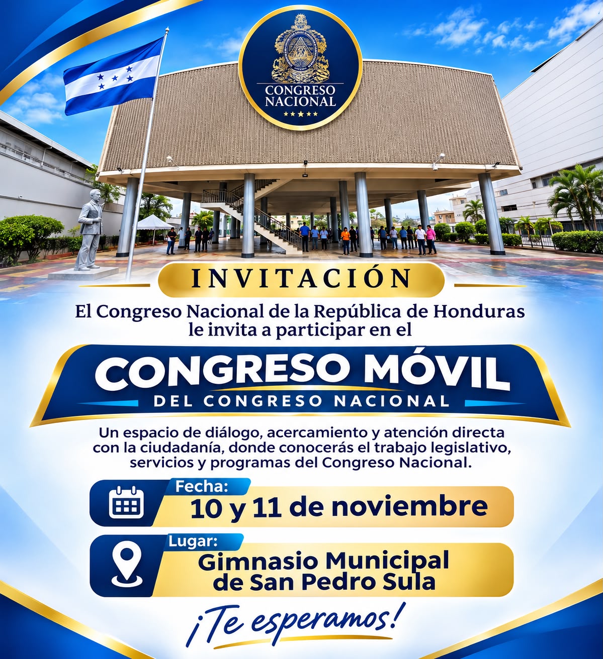 Invitación oficial al Congreso Móvil del Congreso Nacional, 10 y 11 de noviembre en el Gimnasio Municipal de San Pedro Sula